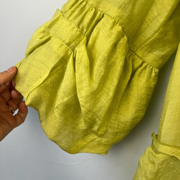 Vintage Design Today's Sheer Chartreuse Fit n Flair Bell Sleeve Midi Dress Sz L - Picture 6 of 8